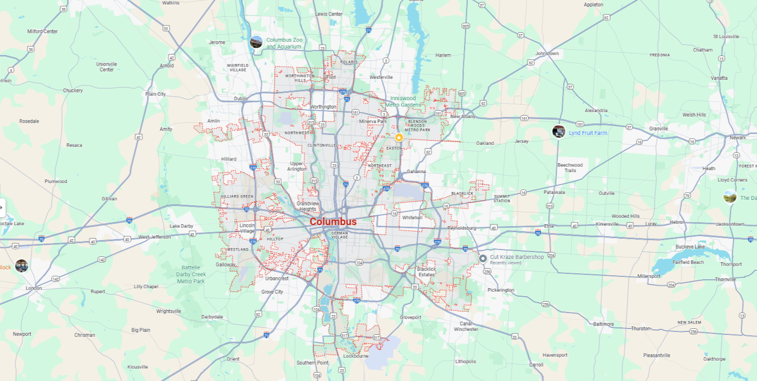 A map highlighting the Columbus, Ohio metro area, showing all the neighborhoods and communities we serve.
